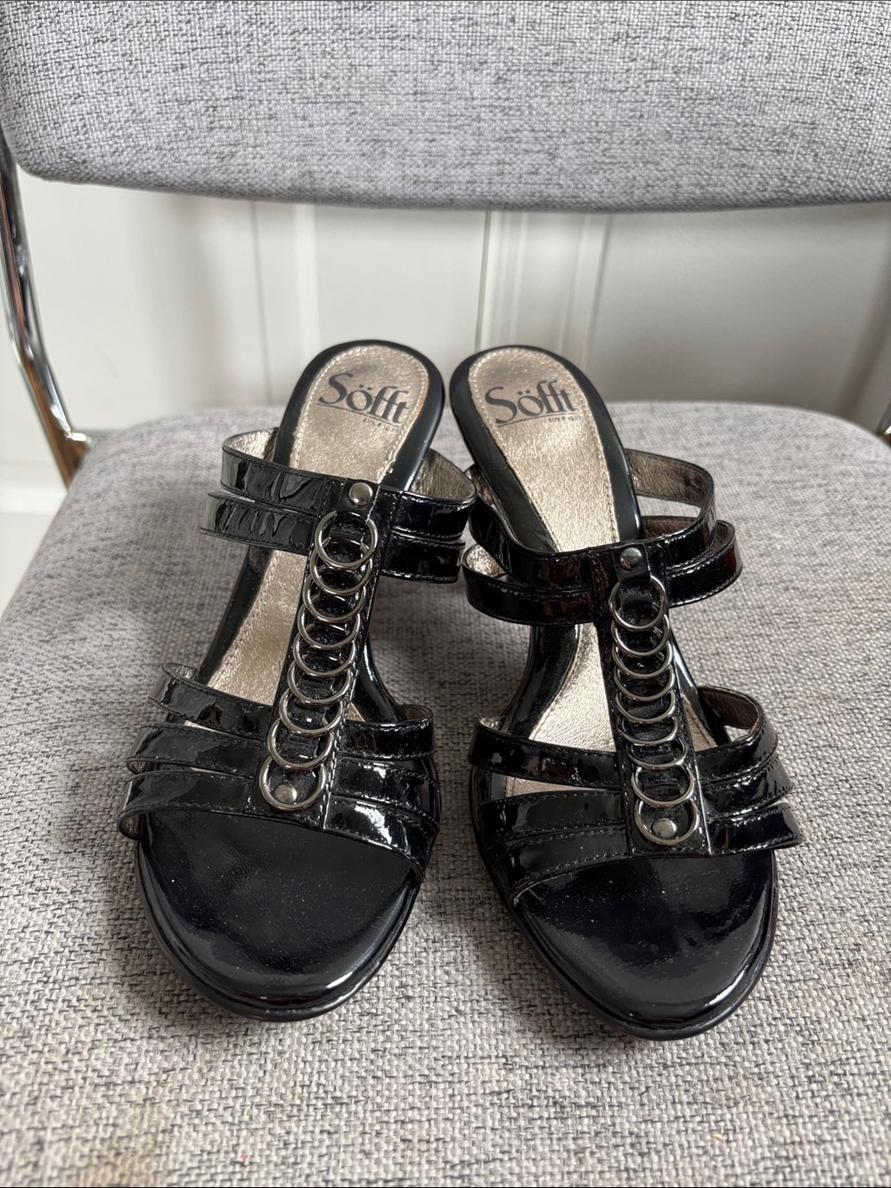 Söfft Isola Black Patent Leather Heeled Slide Sandals Silver Ring Hardware